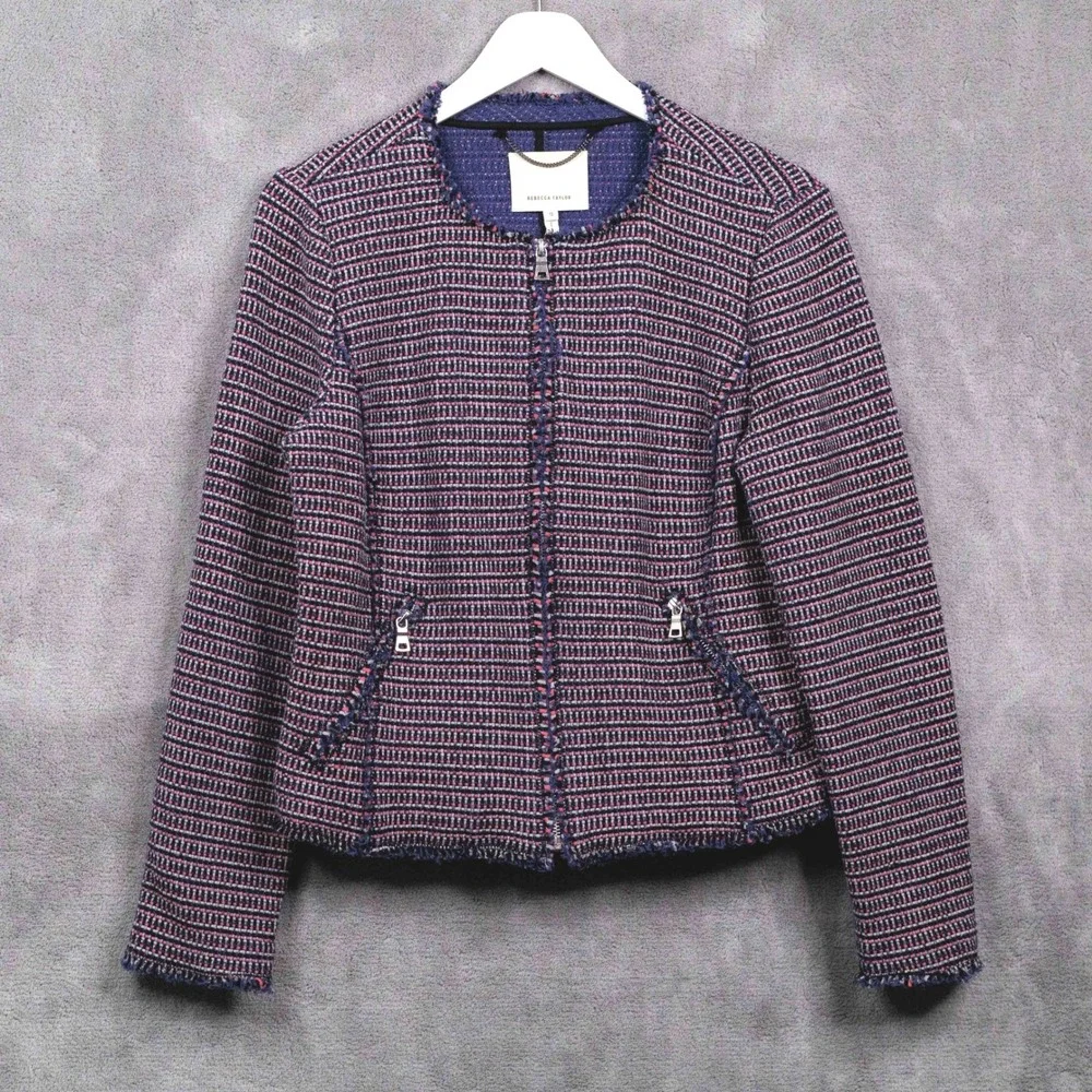REBECCA TAYLOR Graphic Tweed Knit Lady Jacket Full‎ Zip Multicolor Sz 12